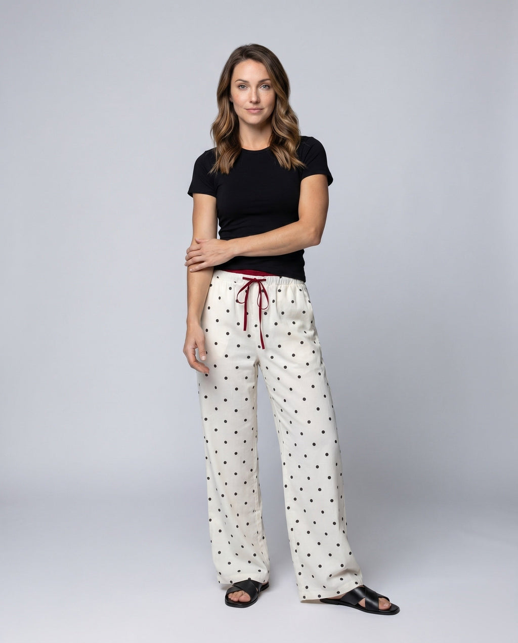 Women's Wide Polka Dot Palazzo Pants with Elastic Comfort Waistband - Front View