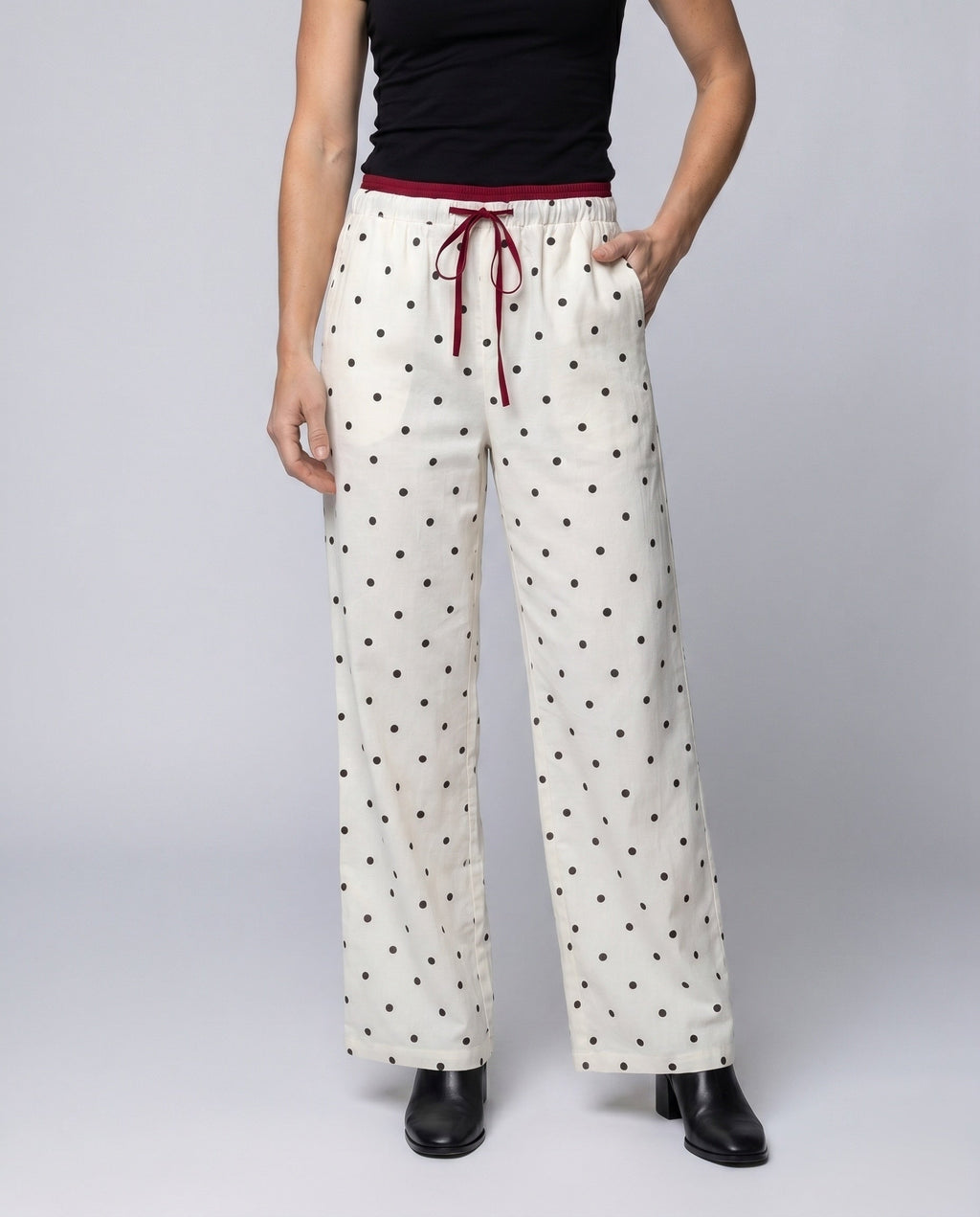 Women's Wide Polka Dot Palazzo Pants with Elastic Comfort Waistband - Lower Body View