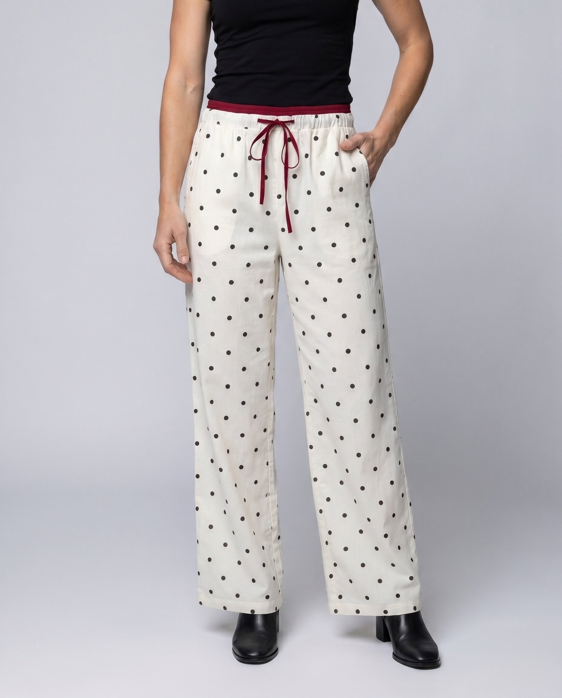 Women's Wide Polka Dot Palazzo Pants with Elastic Comfort Waistband - Lower Body View