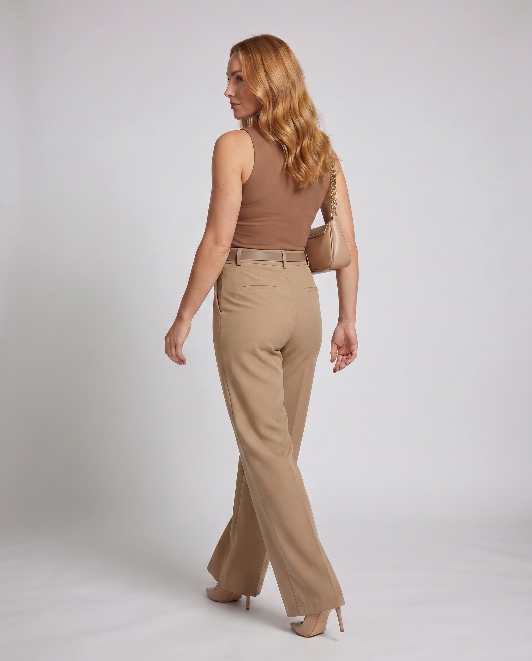 Women's Elegant High-Waisted Pants with Wide Leg and Belt - Back View