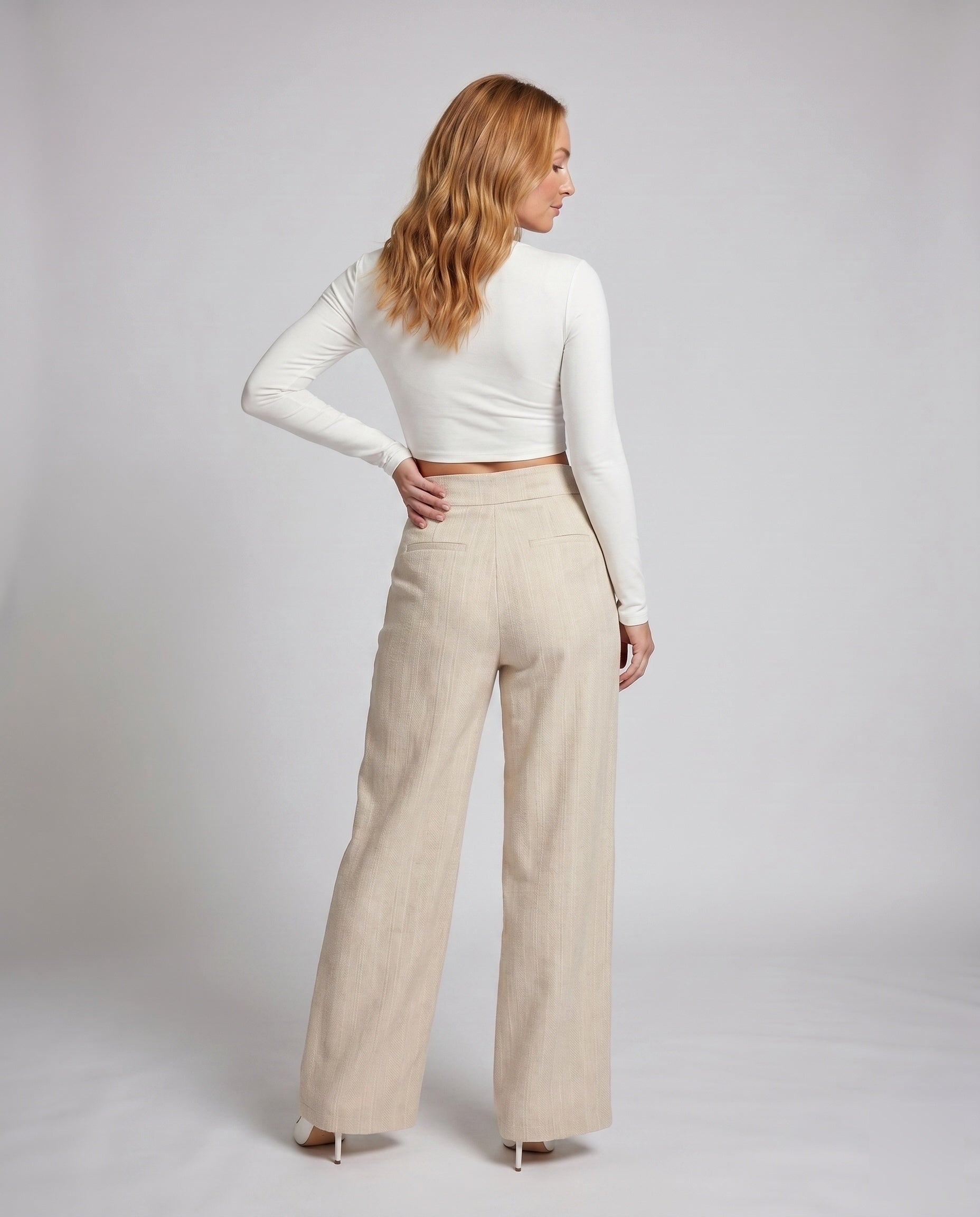 Women's Elegant High-Waisted Trousers with Fine Structure Pleats - Back View