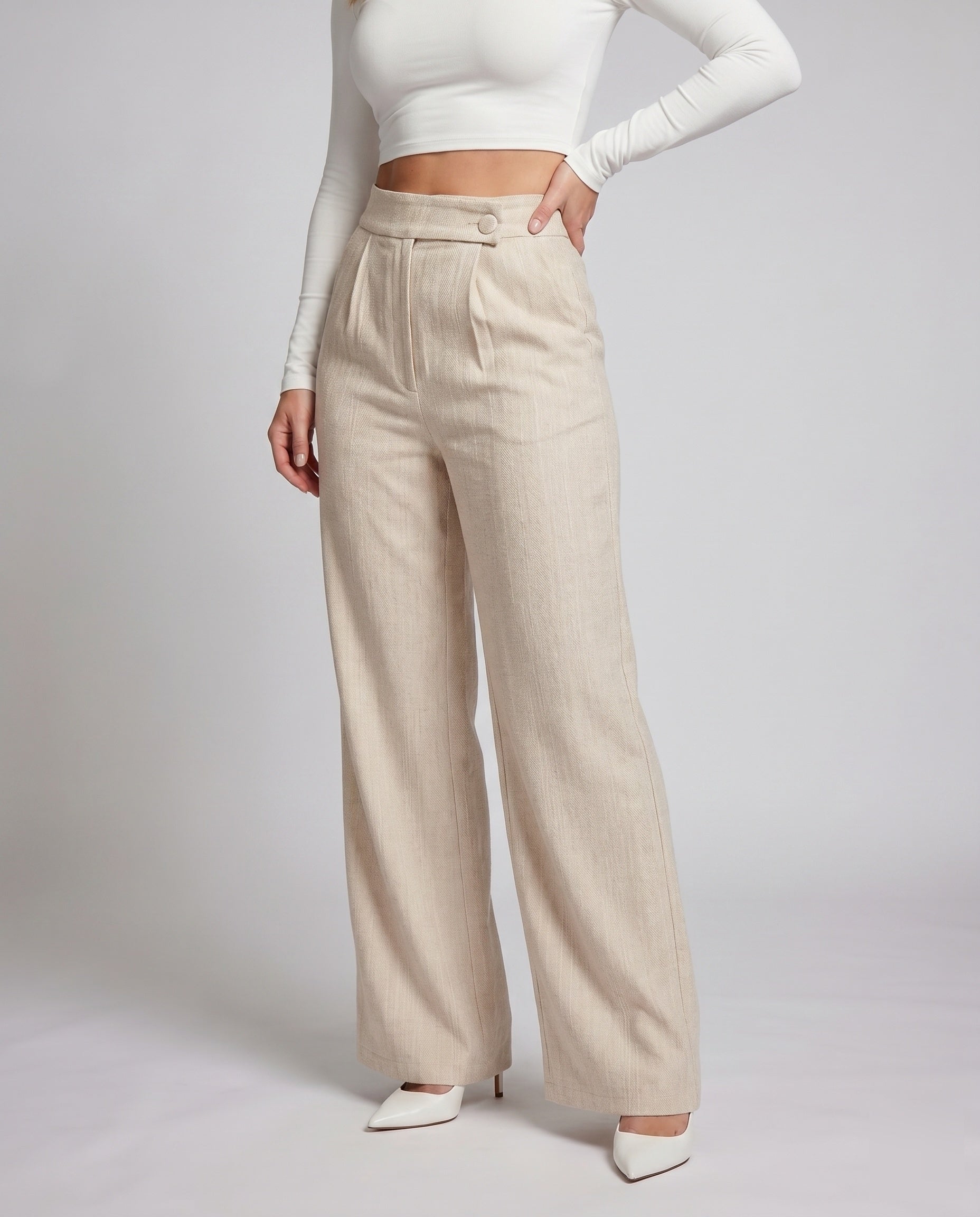 Women's Elegant High-Waisted Trousers with Fine Structure Pleats - Lower Body View