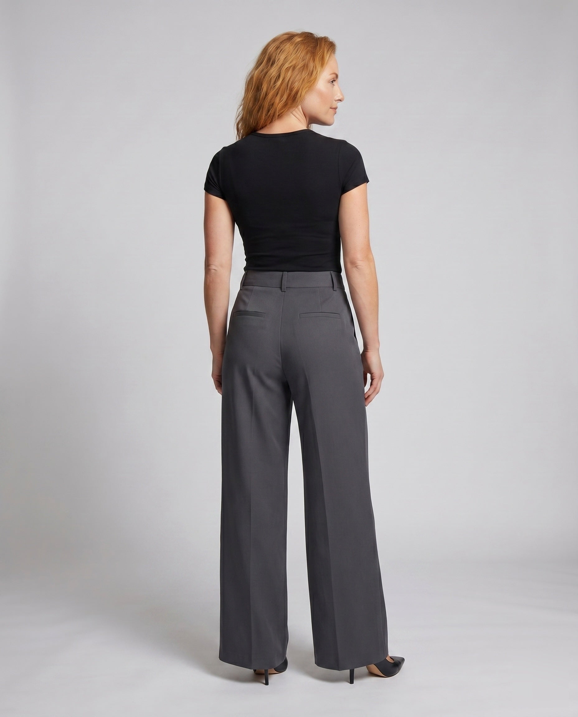 Women's Elegant Wide Business Trousers with High Waist - Back View