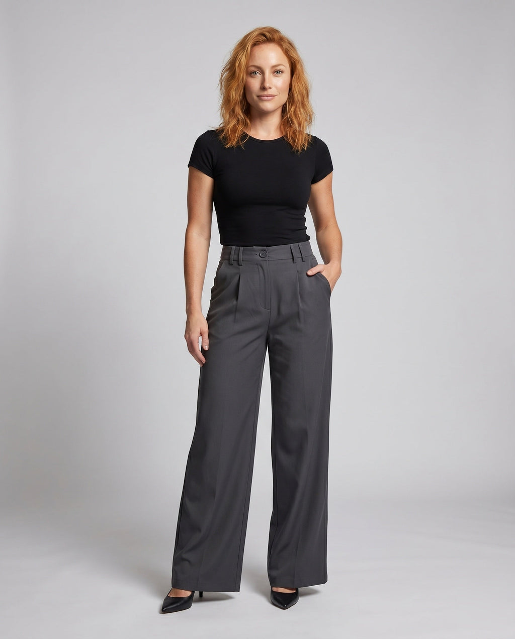 Women's Elegant Wide Business Trousers with High Waist - Front View