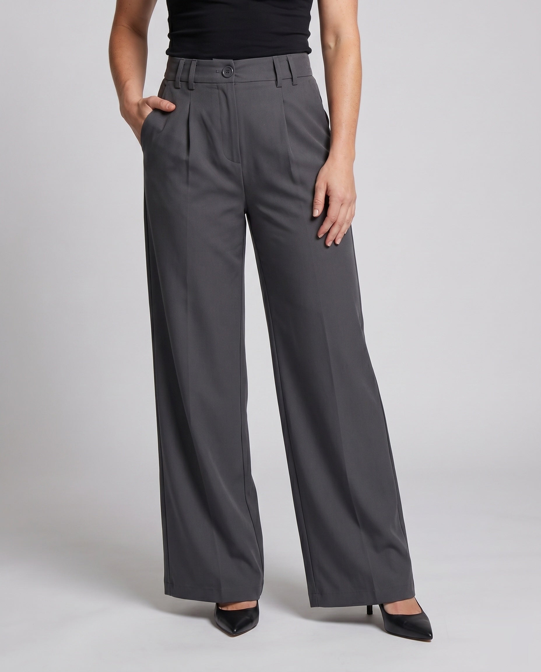 Women's Elegant Wide Business Trousers with High Waist - Lower Body View