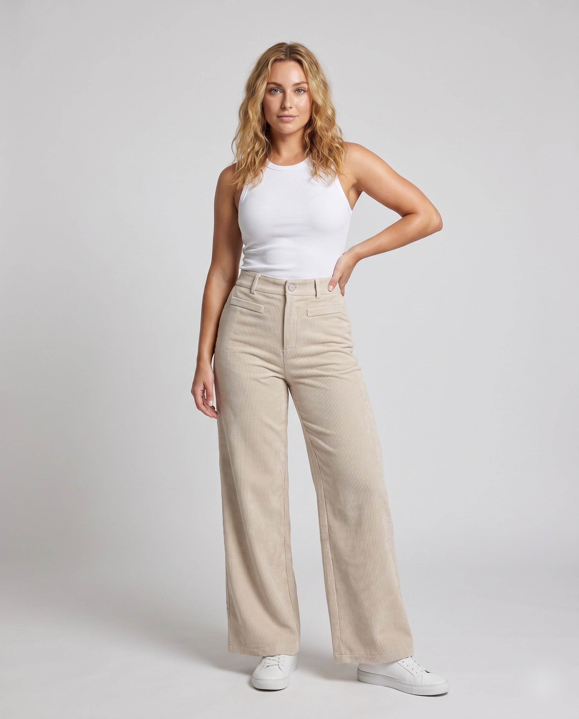 Women's Wide Corduroy Palazzo Pants with High Waist - Front View