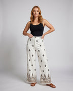 Women's Wide Fabric Trousers with Elegant Boho Pattern - Front View