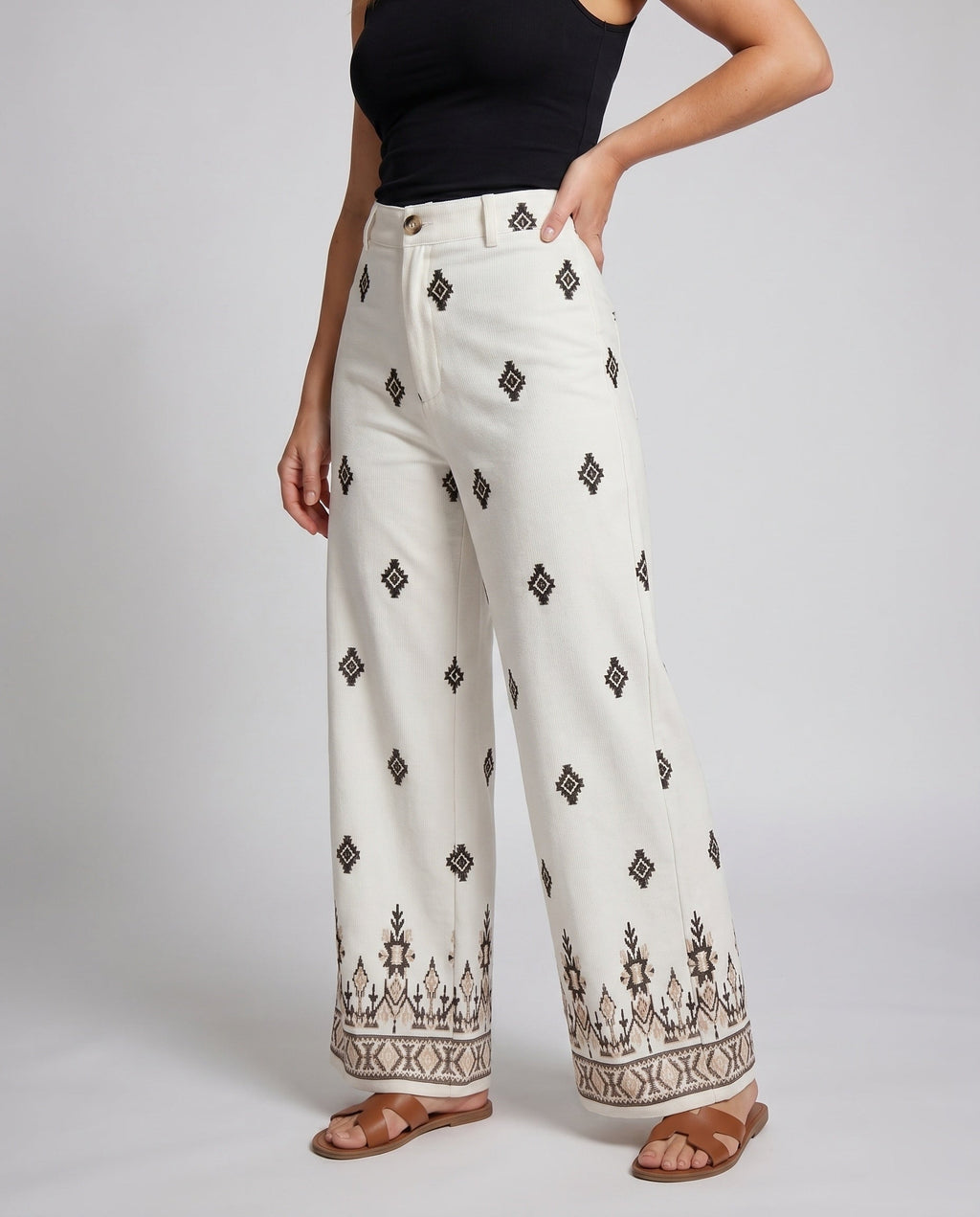 Women's Wide Fabric Trousers with Elegant Boho Pattern - Lower Body View