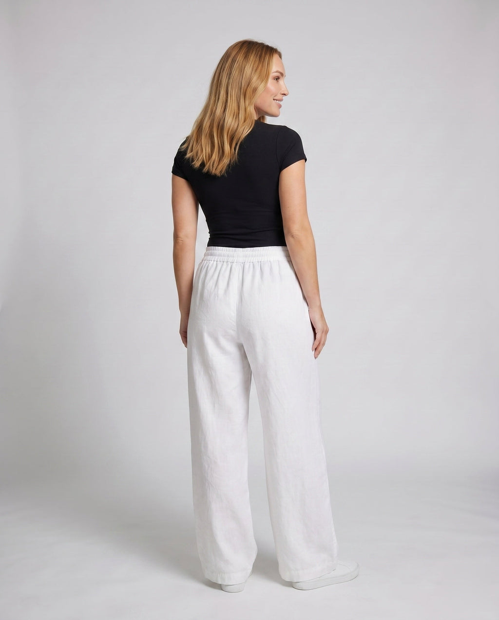 Women's Wide Cotton Pants with Elastic Waistband and Relaxed Fit - Back View