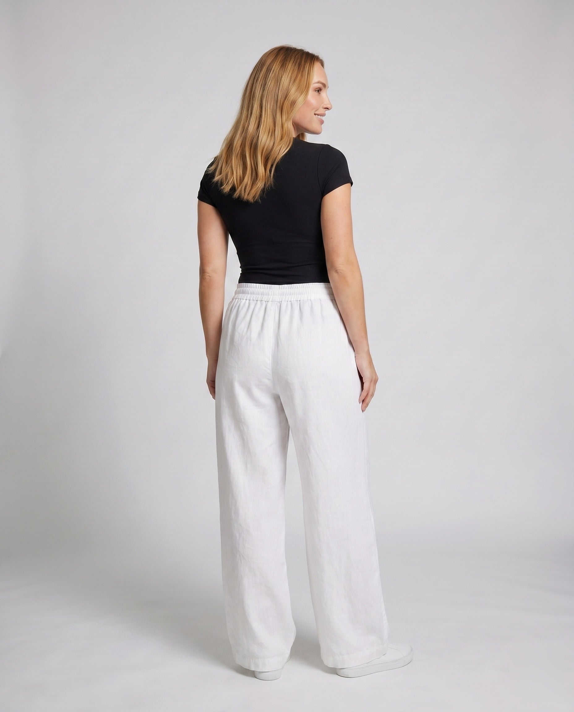 Women's Wide Cotton Pants with Elastic Waistband and Relaxed Fit - Back View
