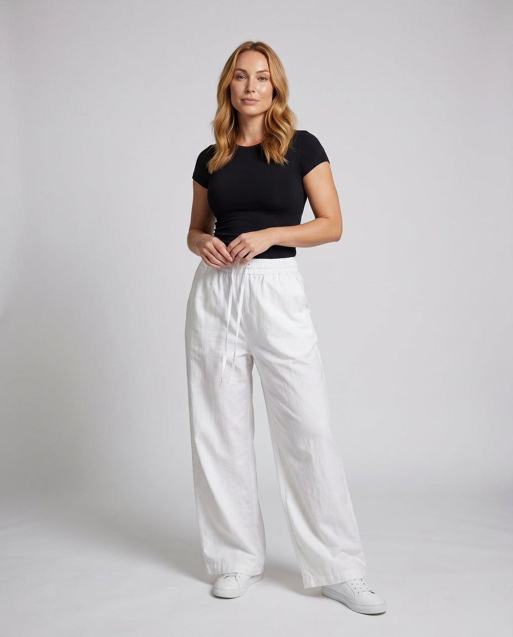 Women's Wide Cotton Pants with Elastic Waistband and Relaxed Fit - Front View