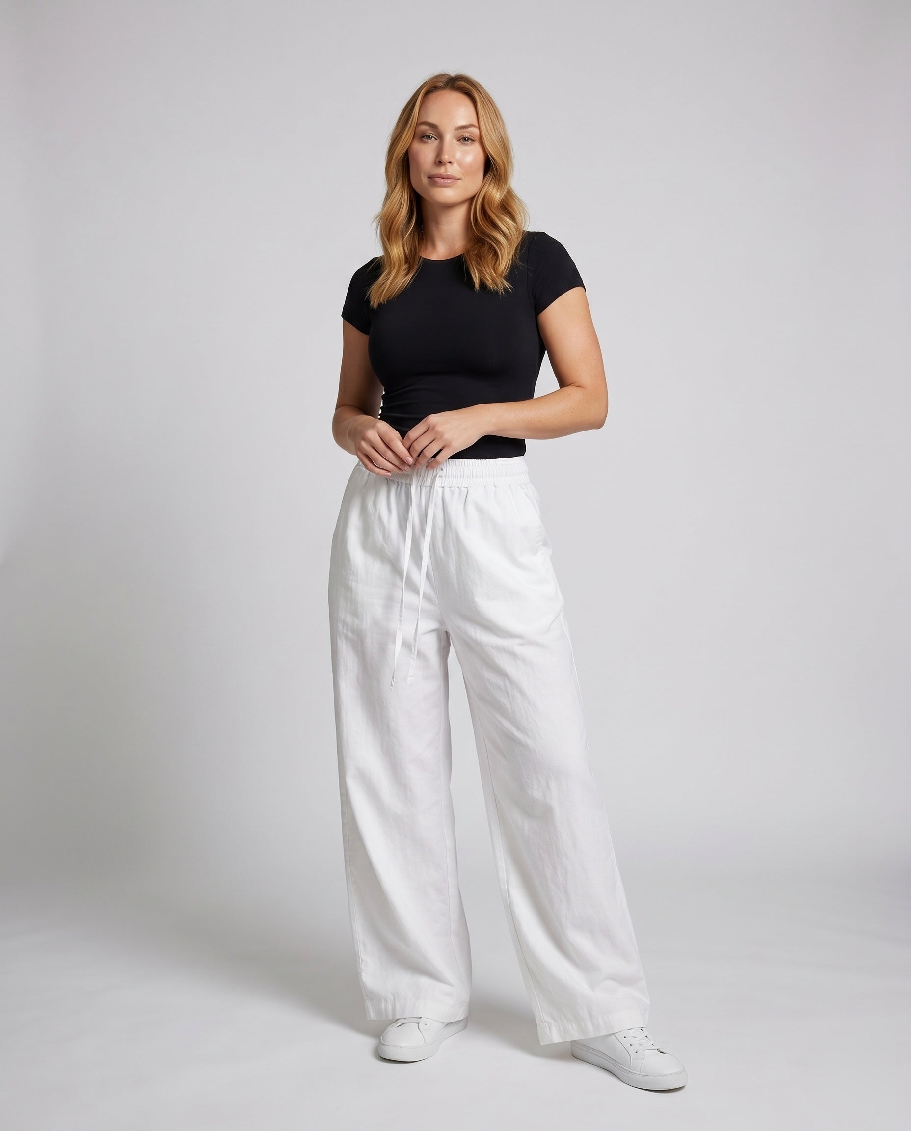 Women's Wide Cotton Pants with Elastic Waistband and Relaxed Fit - Front View