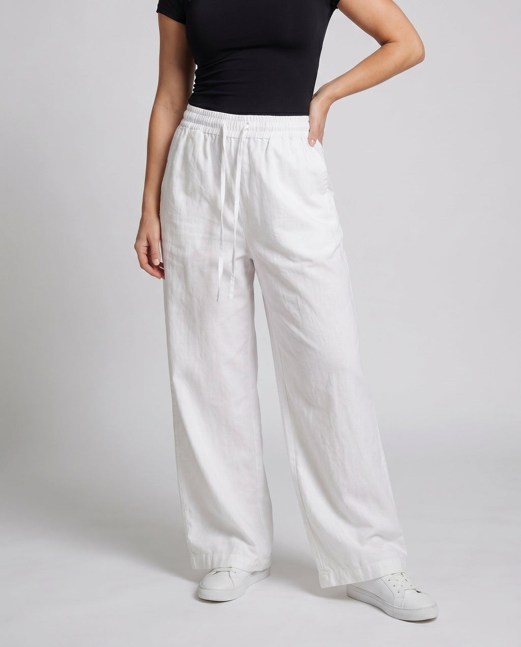 Women's Wide Cotton Pants with Elastic Waistband and Relaxed Fit - Lower Body View