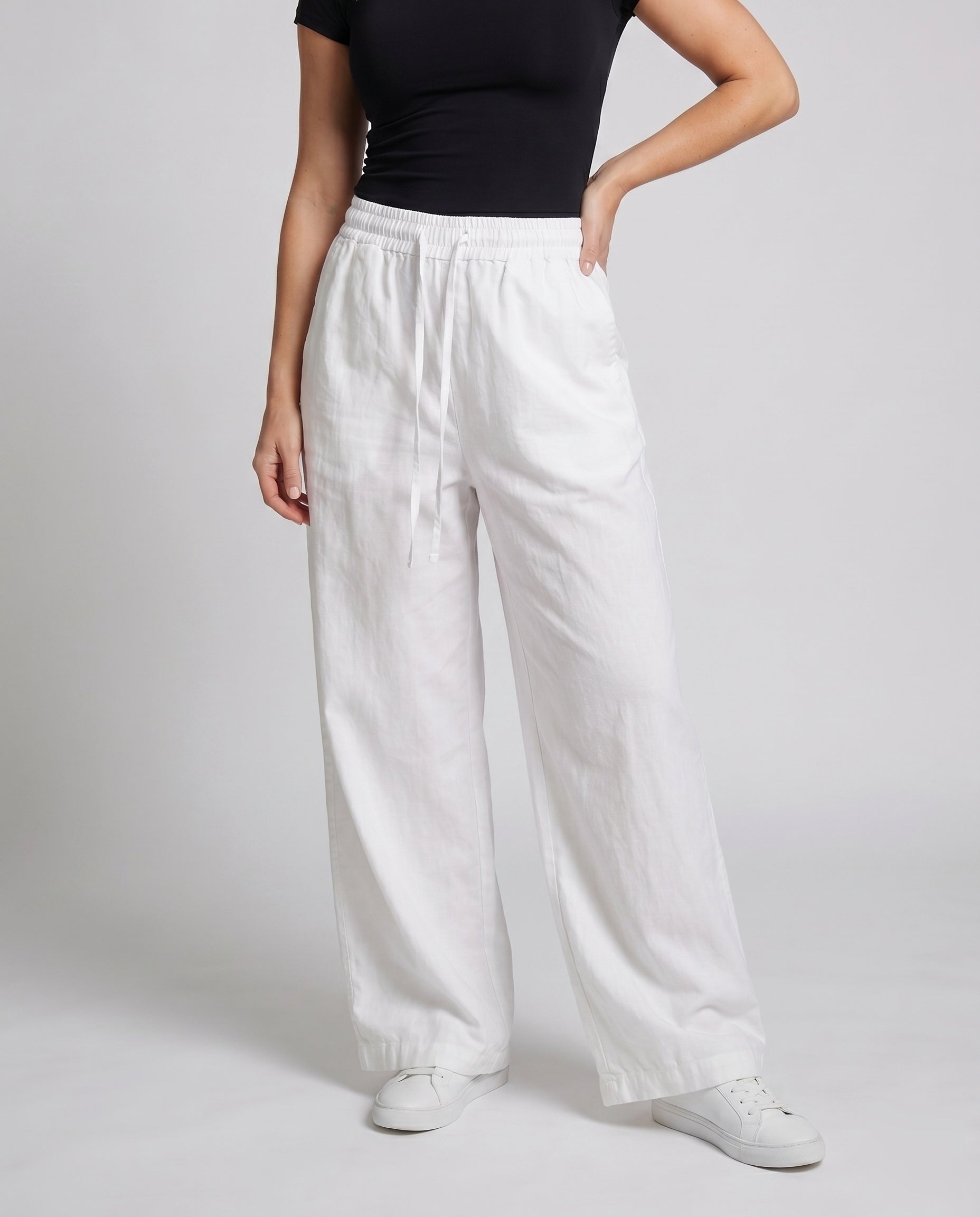 Women's Wide Cotton Pants with Elastic Waistband and Relaxed Fit - Lower Body View