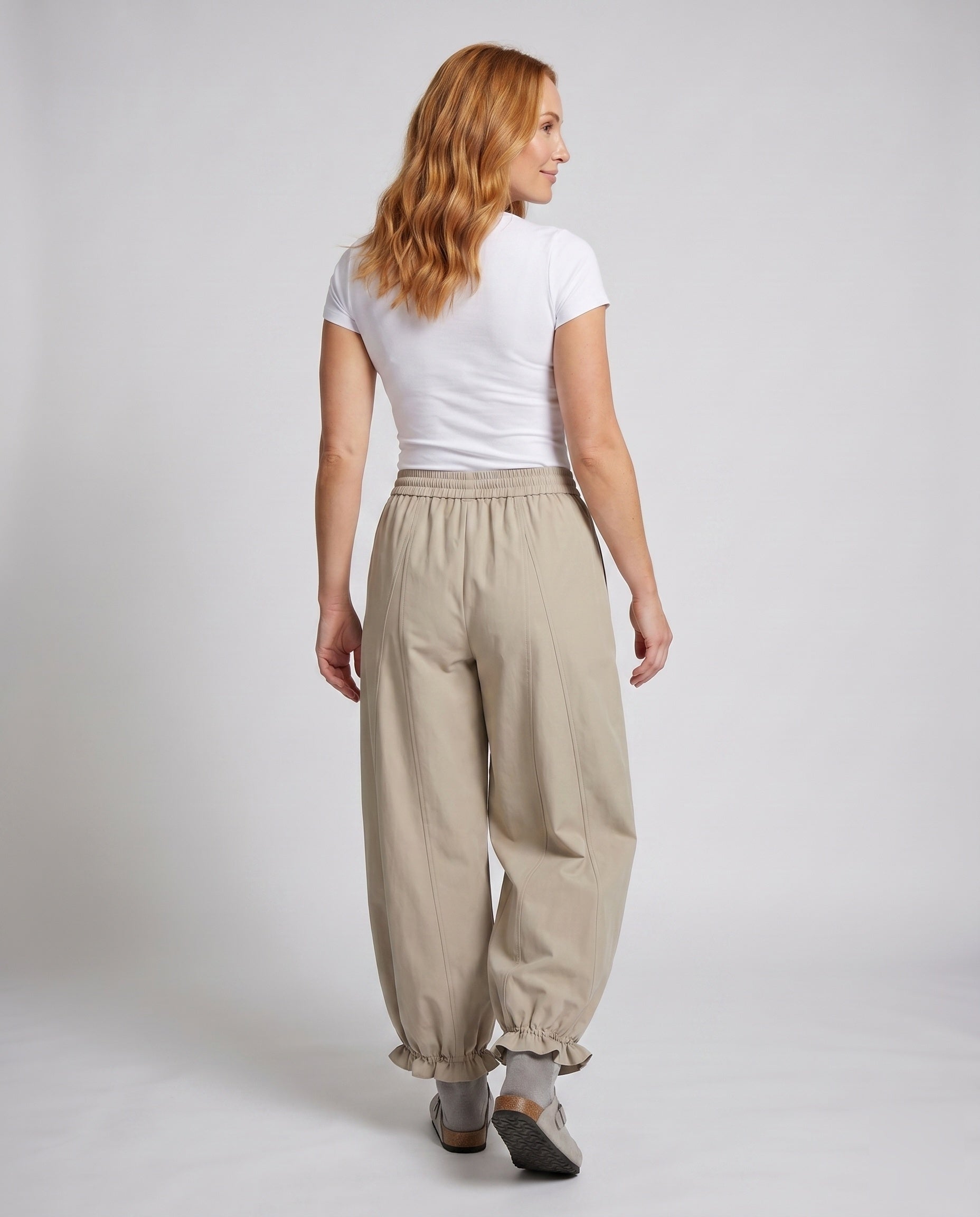 Women's Wide Cotton Trousers with Elastic Waistband and Gathers - Back View
