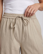 Women's Wide Cotton Trousers with Elastic Waistband and Gathers - Close-Up Detail