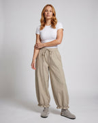 Women's Wide Cotton Trousers with Elastic Waistband and Gathers - Front View