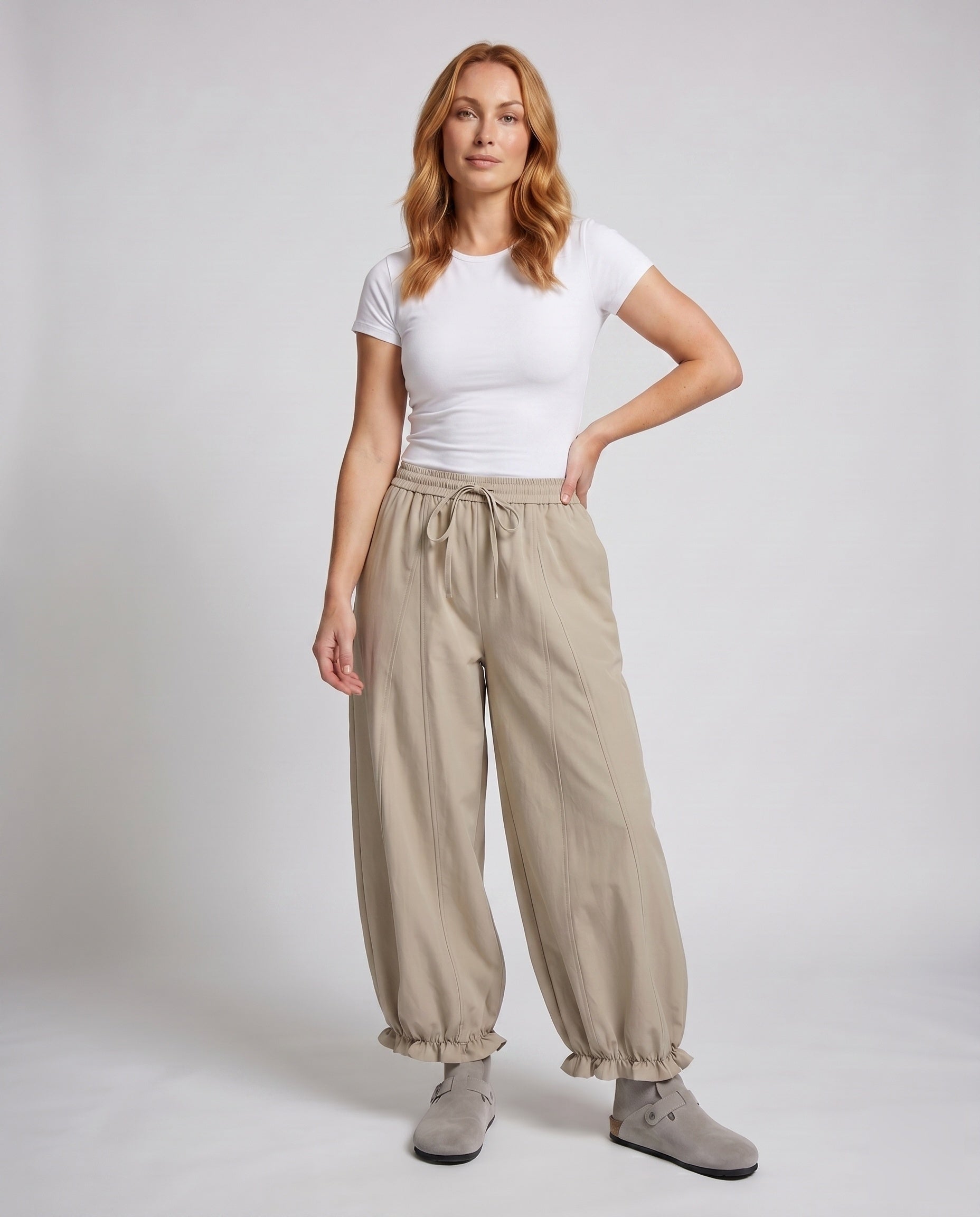 Women's Wide Cotton Trousers with Elastic Waistband and Gathers - Lower Body View