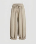 Women's Wide Cotton Trousers with Elastic Waistband and Gathers