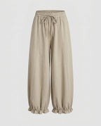 Women's Wide Cotton Trousers with Elastic Waistband and Gathers