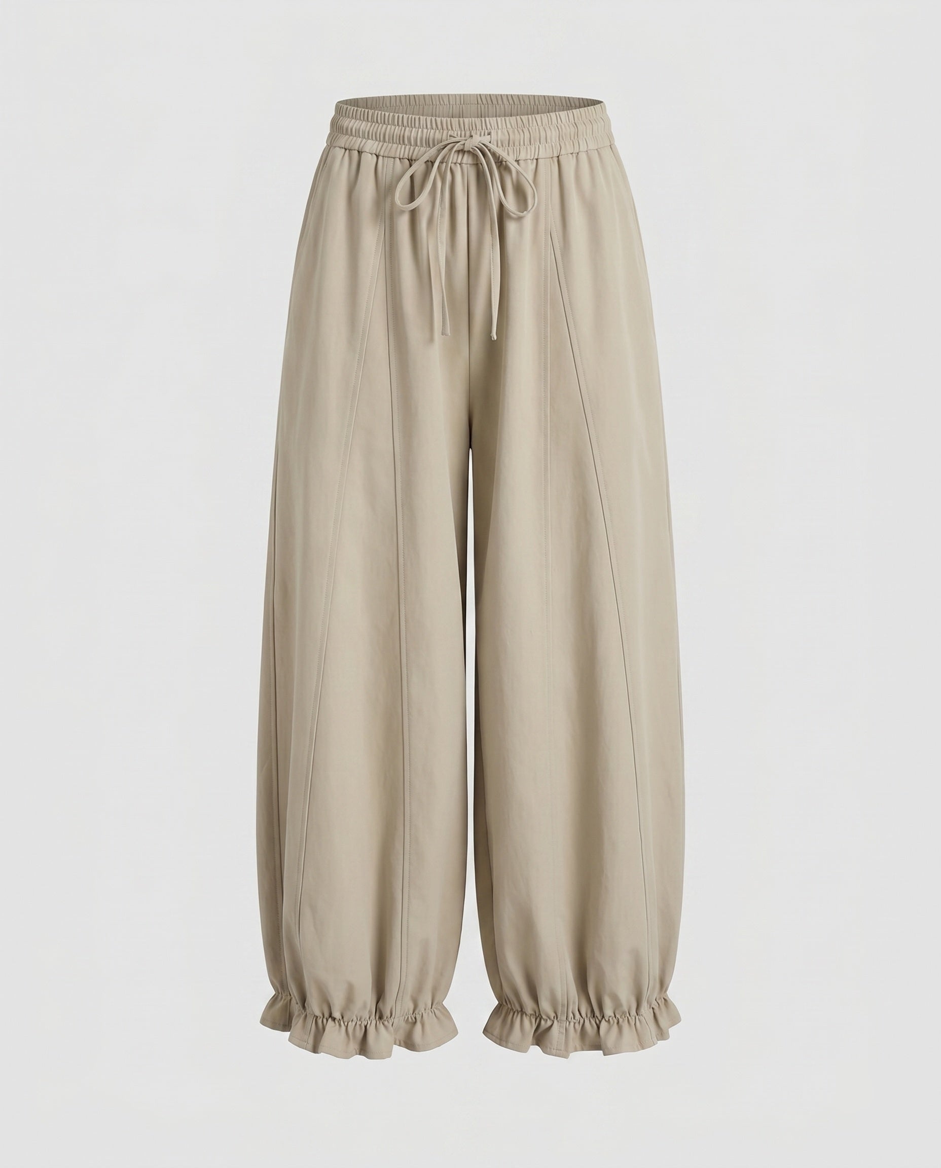Women's Wide Cotton Trousers with Elastic Waistband and Gathers