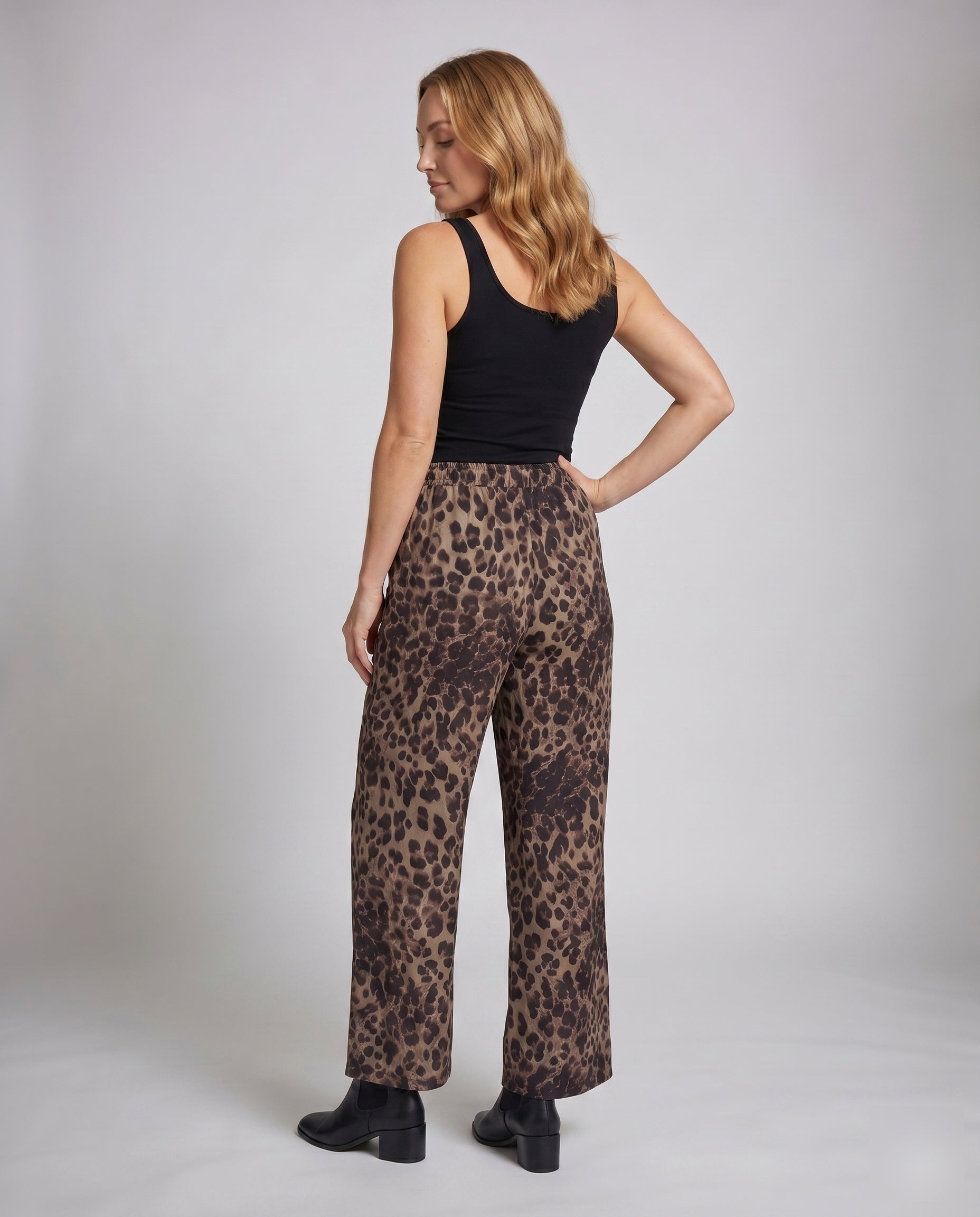 Women's Linen Pants with Fashionable Leopard Print, Elastic Waistband - Back View