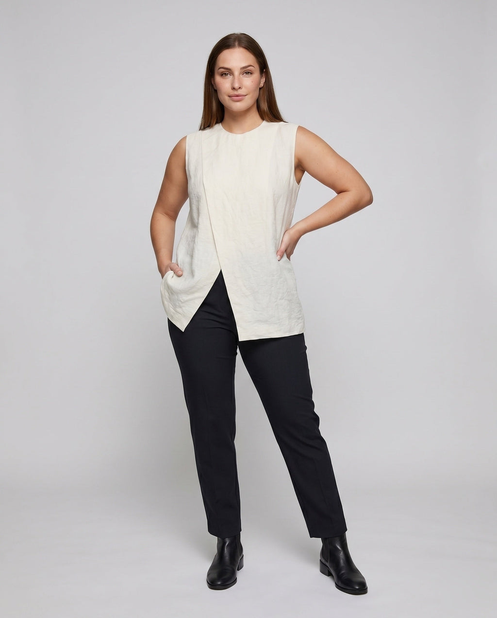 Women's Sleeveless Blouse Shirt with Elegant Cut, Asymmetrical Design - Front View