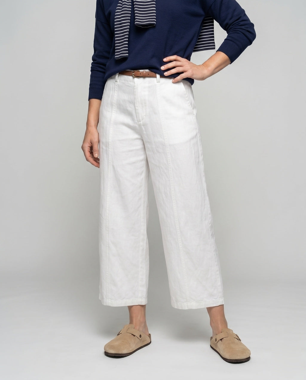 Women's Comfortable Linen Pants with Elegant Belt - Lower Body View
