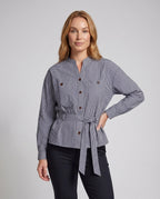 Women's Blazer Jacket with Exciting Striped Pattern, Practical Pockets - Upper Body View