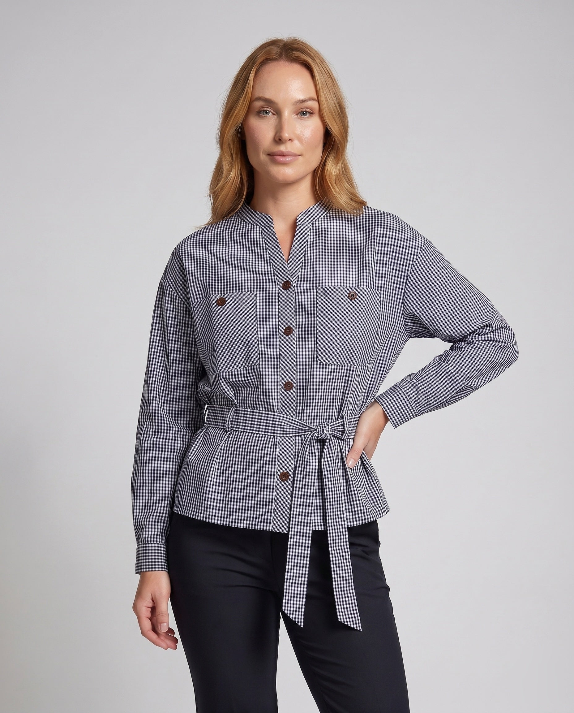 Women's Blazer Jacket with Exciting Striped Pattern, Practical Pockets - Upper Body View