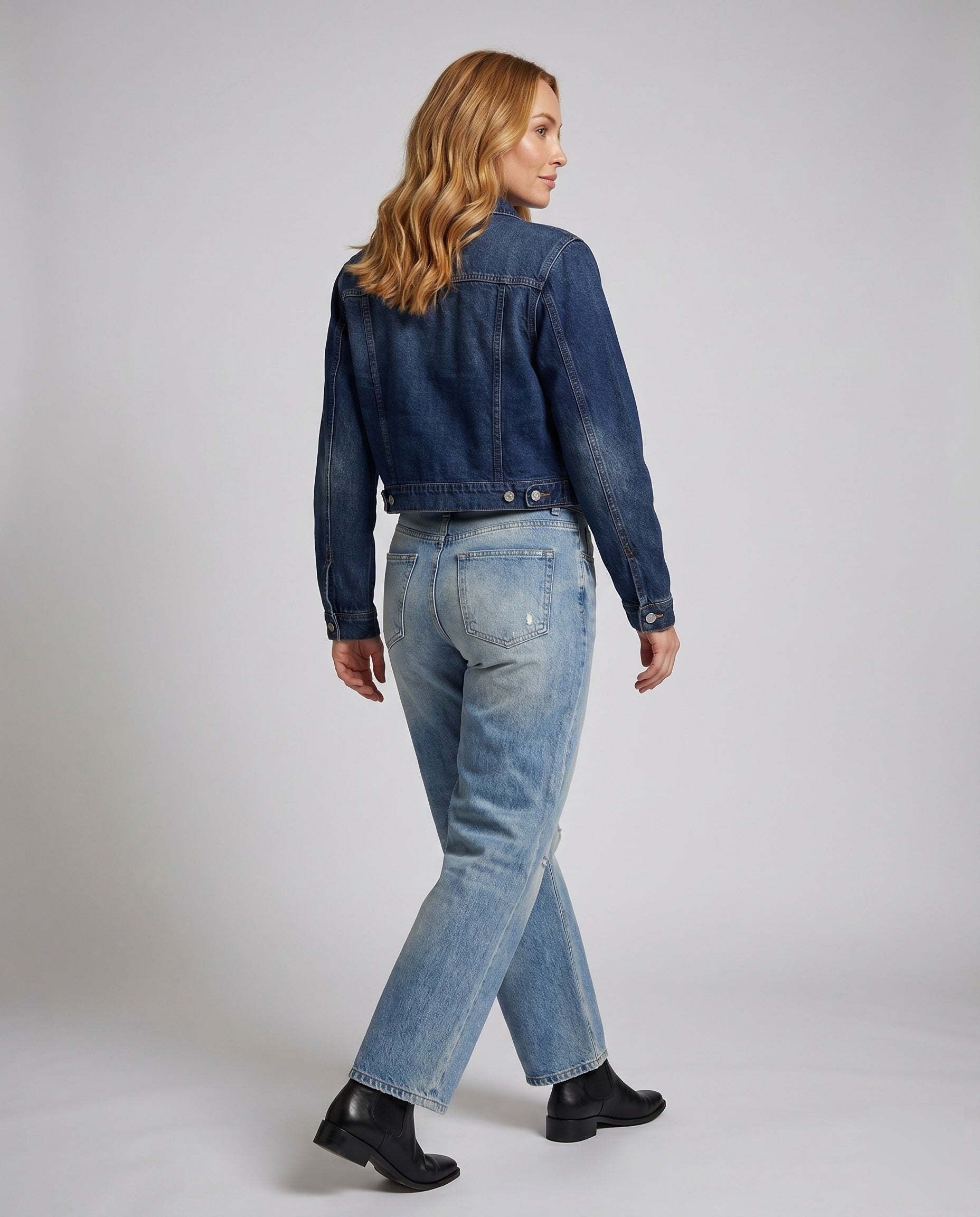 Women's Cropped Denim Jacket and Wide Denim Pants - Back View
