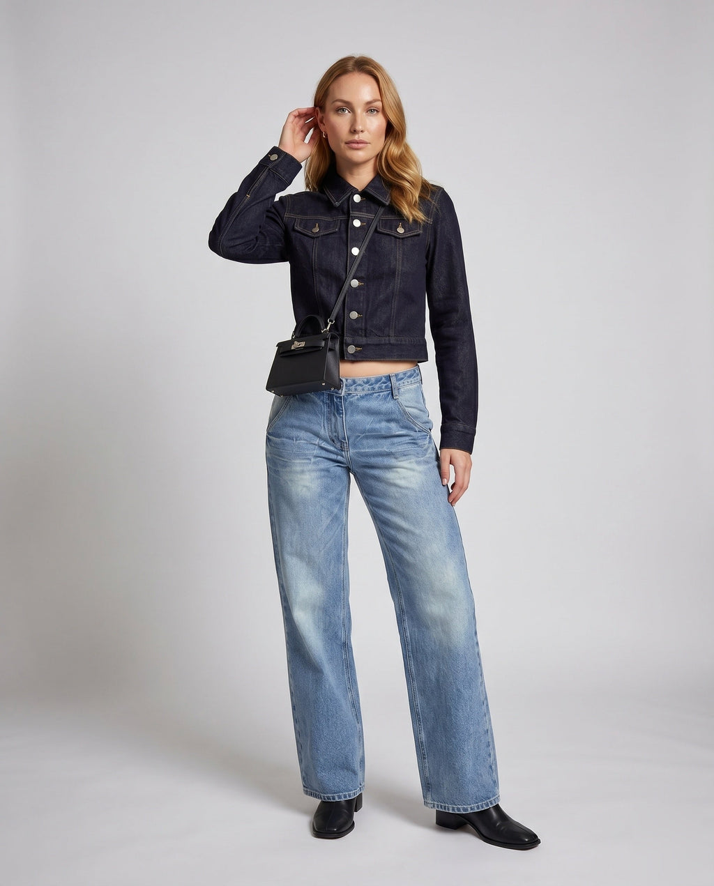 Women's Cropped Denim Jacket and Wide Denim Pants - Front View