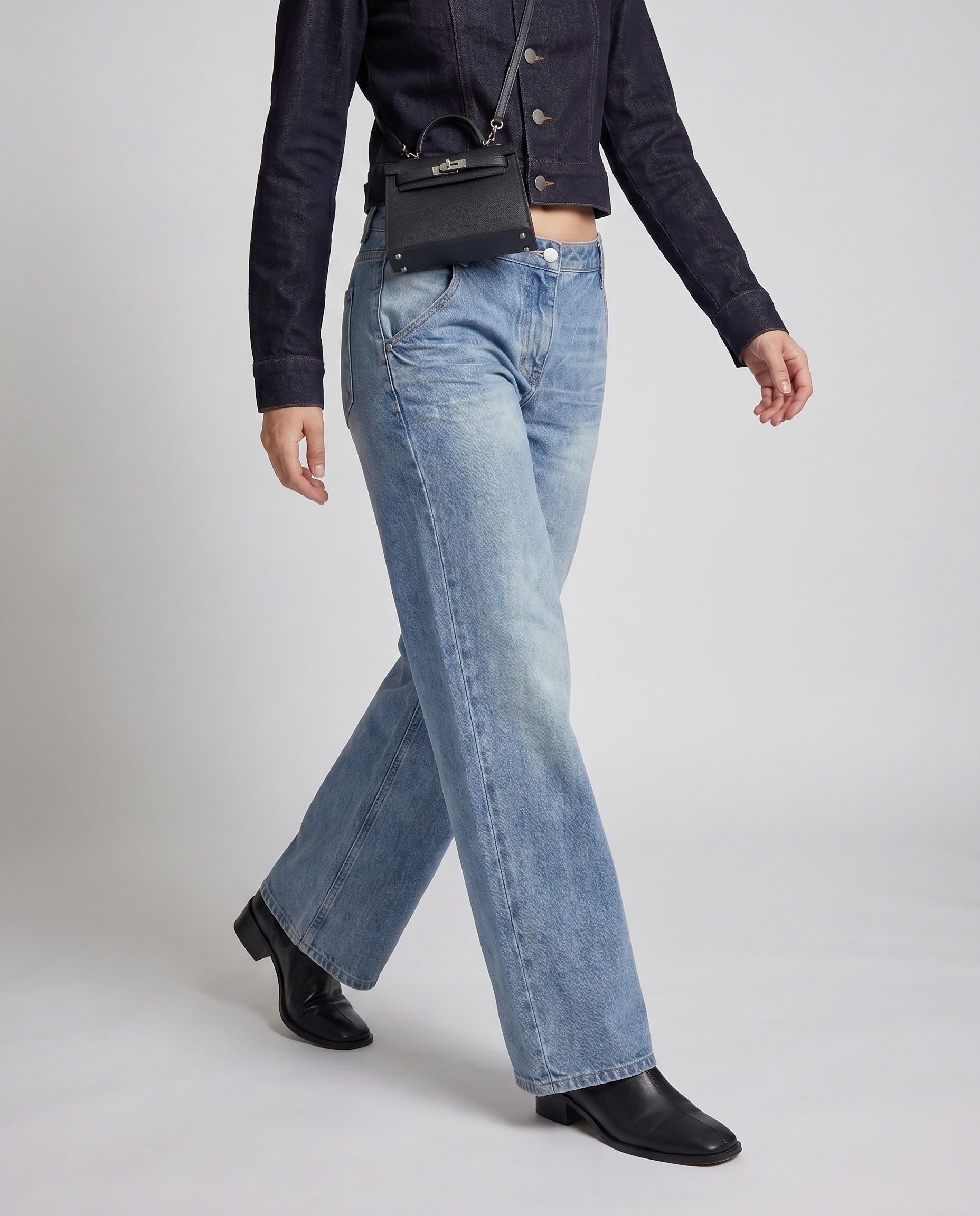 Women's Cropped Denim Jacket and Wide Denim Pants - Lower Body View