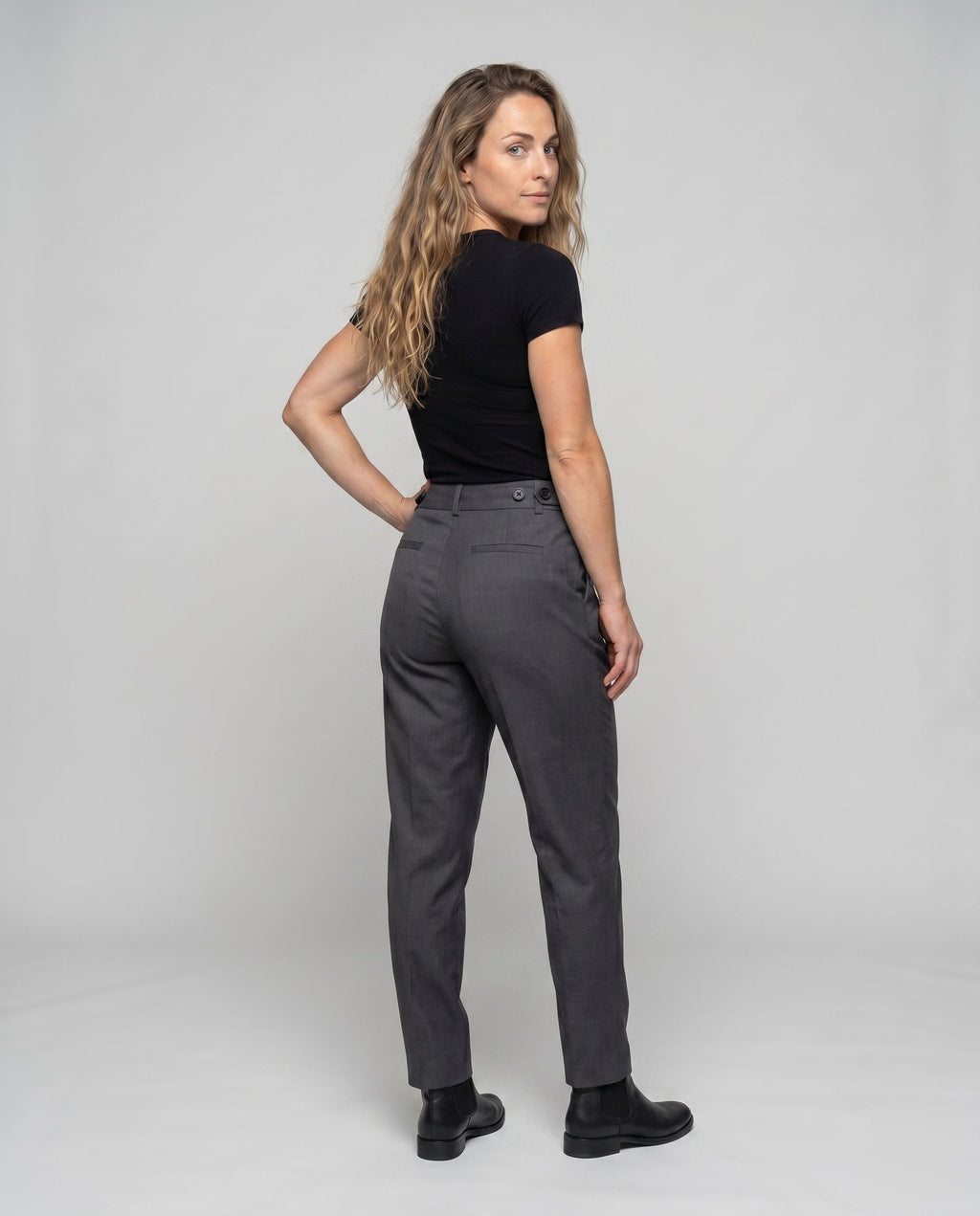 Women's Elegant High-Waisted Dress Pants with Pleats - Back View
