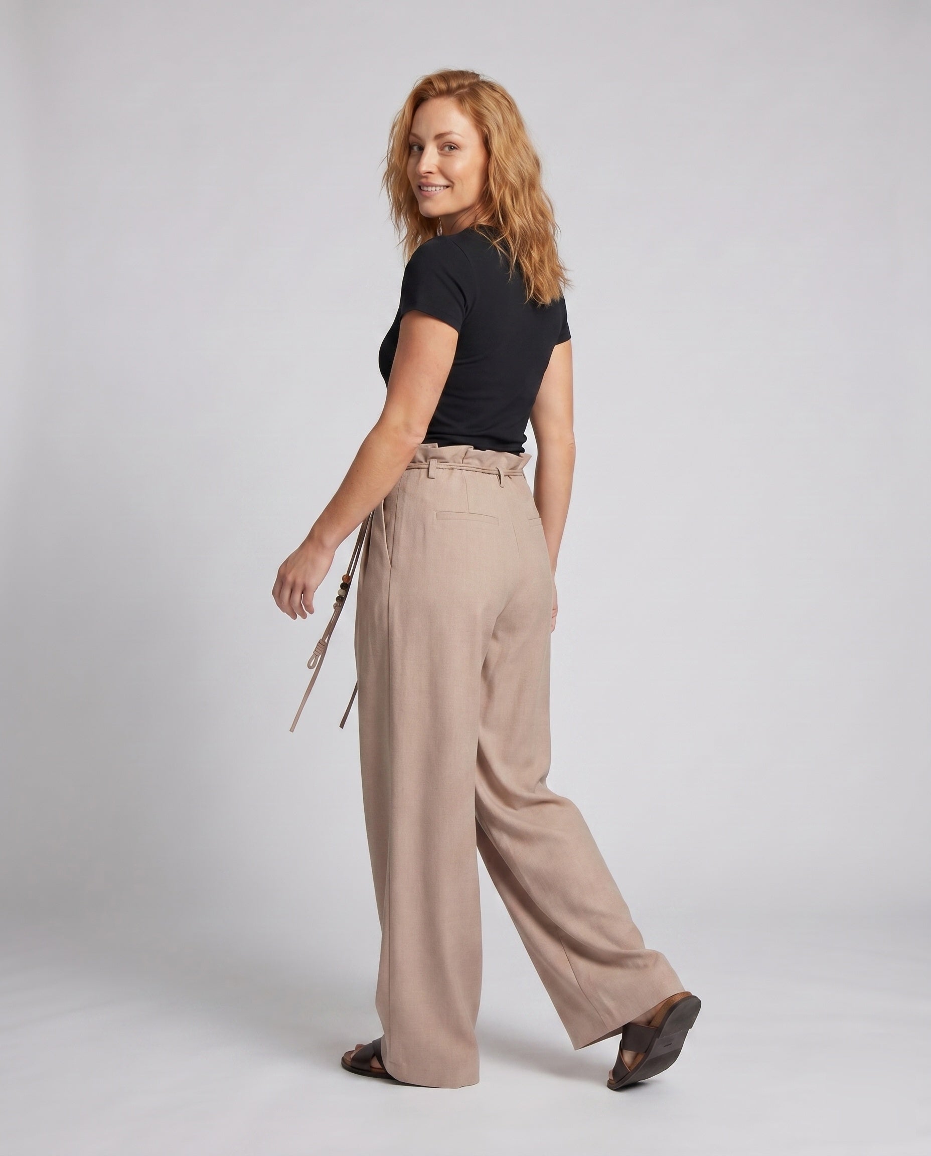 Women's Elegant Wide Pants with Decorative Ties - Back View