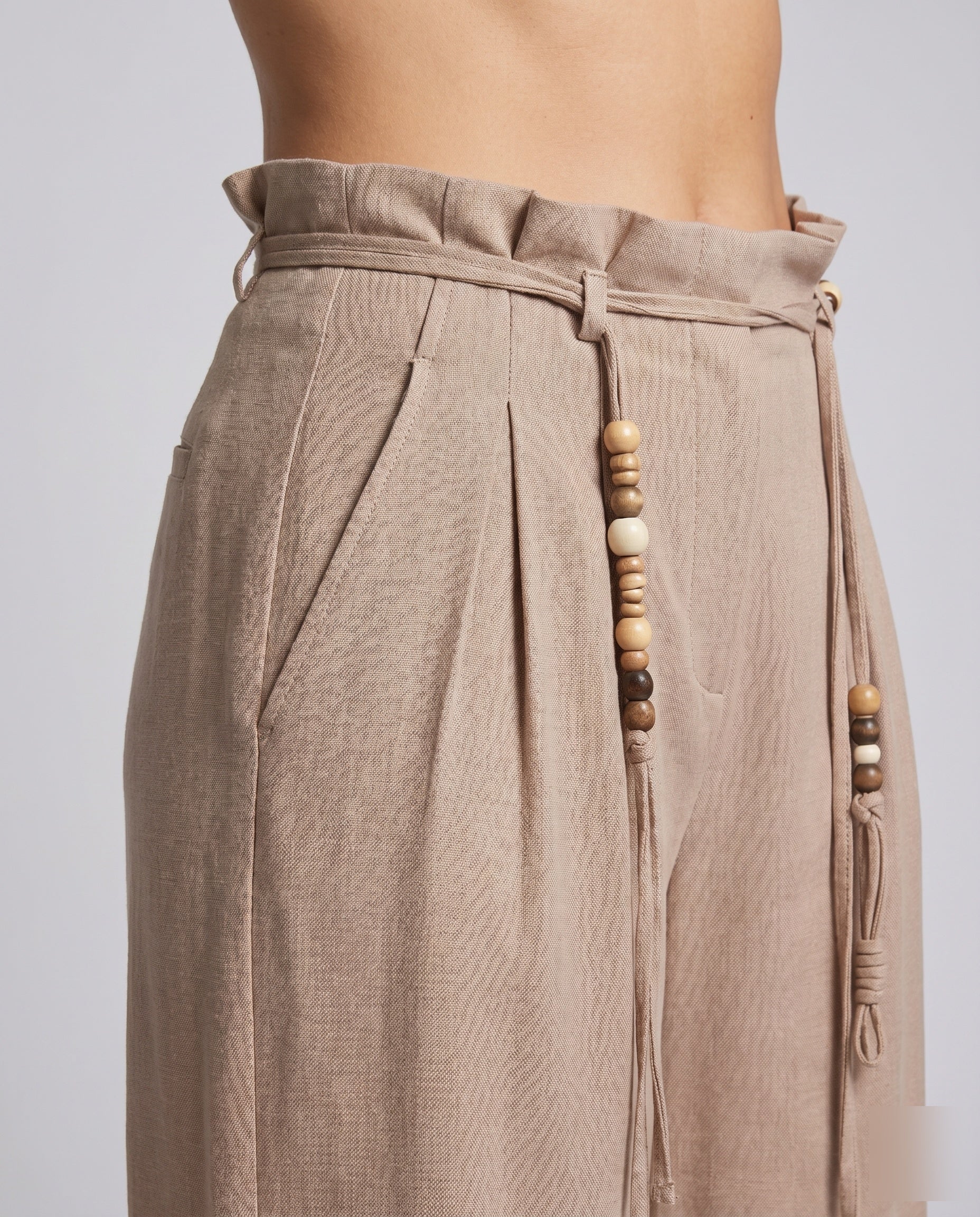 Women's Elegant Wide Pants with Decorative Ties - Close-Up Detail