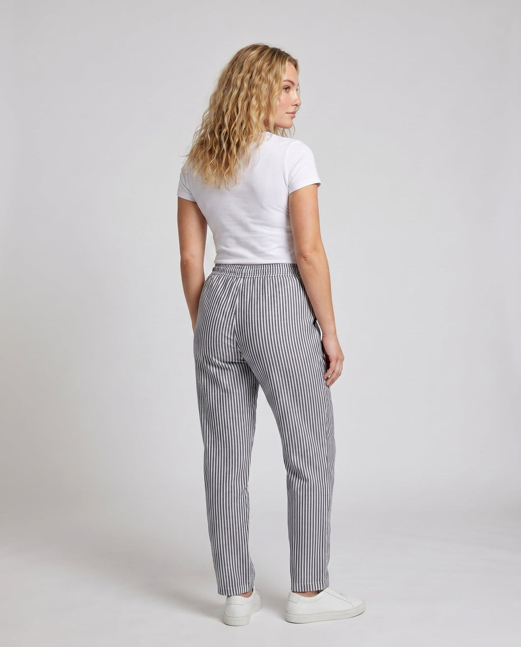 Women's Striped Linen Pants with Elastic Waistband and Side Pockets - Back View
