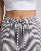 Women's Striped Linen Pants with Elastic Waistband and Side Pockets - Close-Up Detail