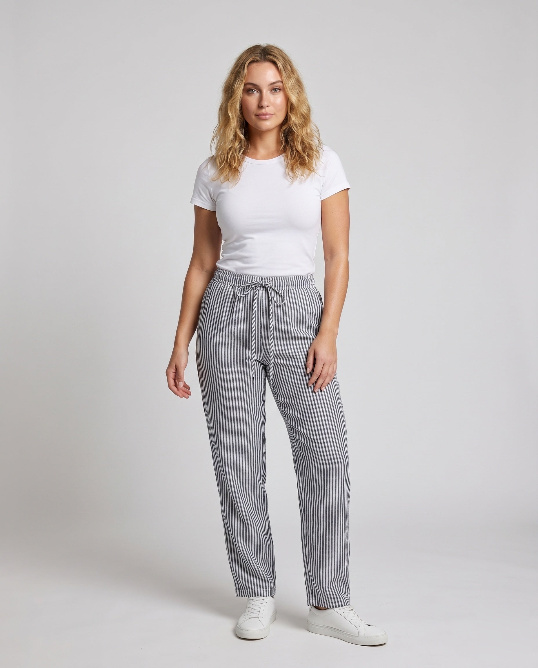 Women's Striped Linen Pants with Elastic Waistband and Side Pockets - Front View