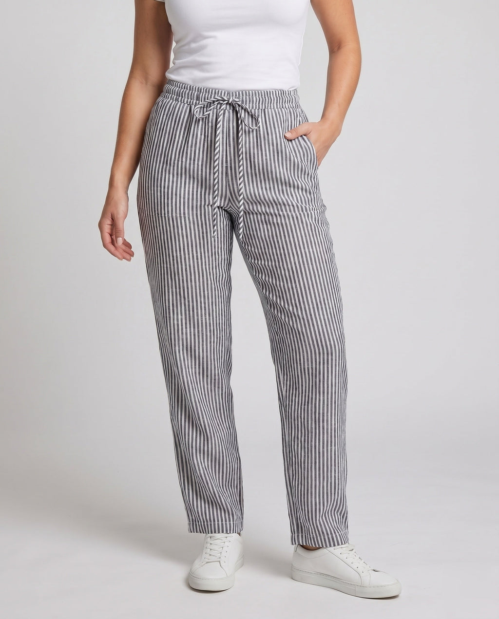 Women's Striped Linen Pants with Elastic Waistband and Side Pockets - Lower Body View