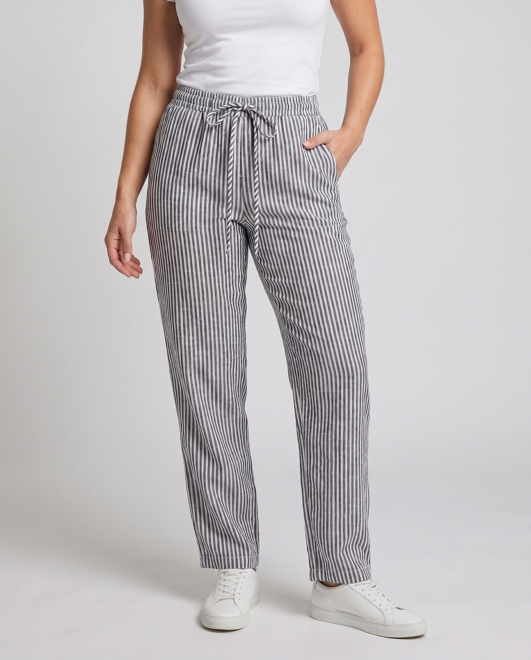Women's Striped Linen Pants with Elastic Waistband and Side Pockets - Lower Body View