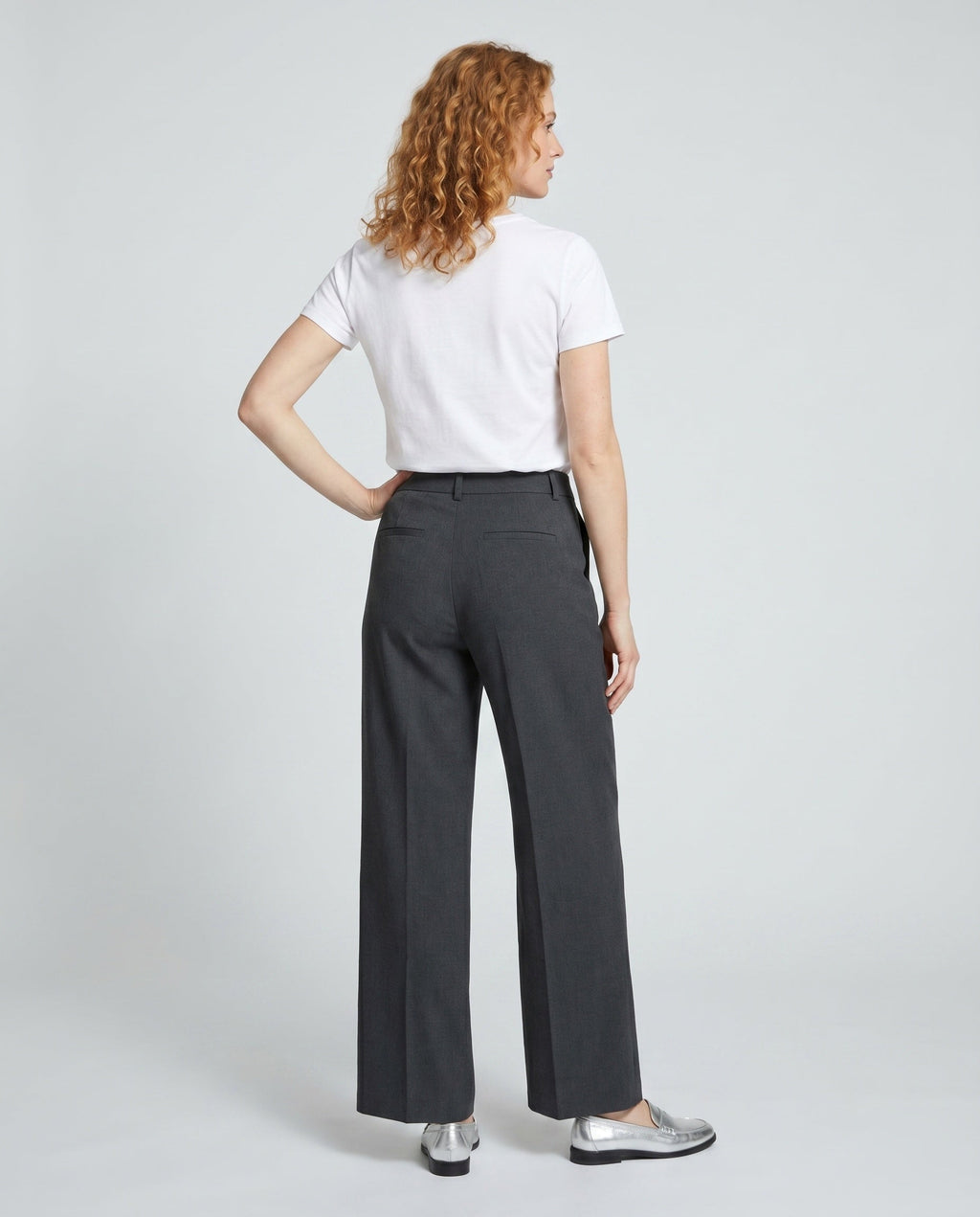 Women's High-Waisted Fabric Trousers with Elegant Pleats - Back View