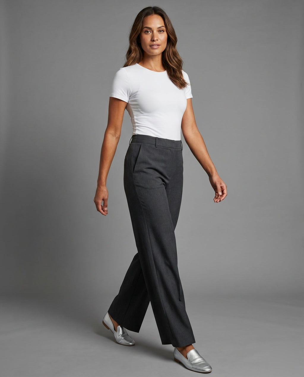 Women's High-Waisted Fabric Trousers with Elegant Pleats - Front View