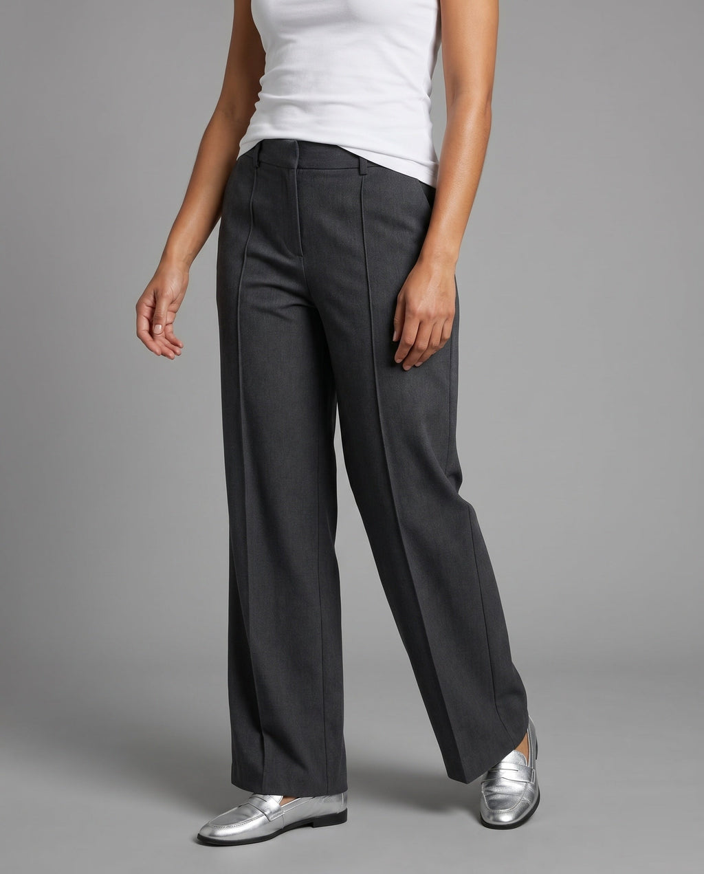 Women's High-Waisted Fabric Trousers with Elegant Pleats - Lower Body View