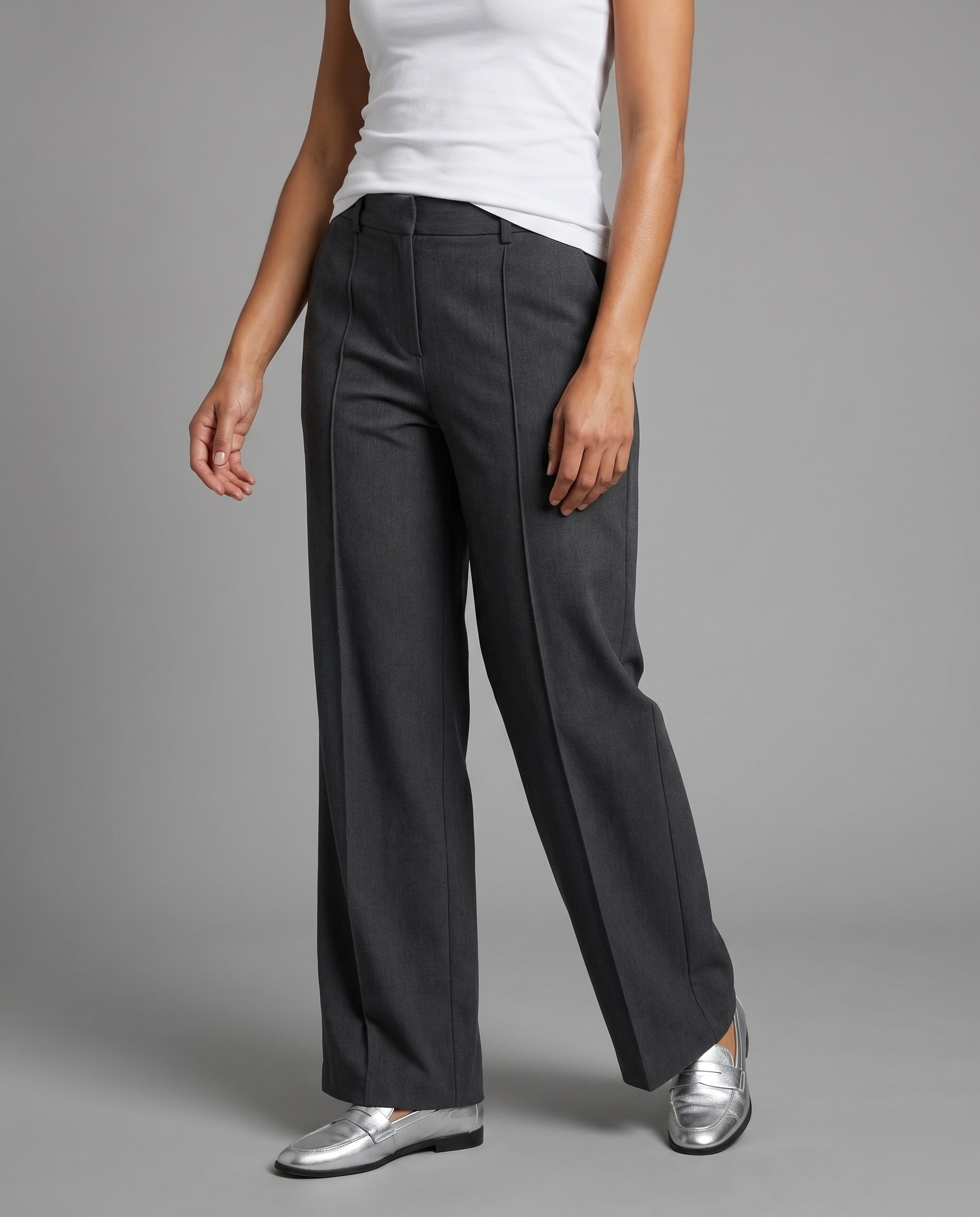 Women's High-Waisted Fabric Trousers with Elegant Pleats - Lower Body View