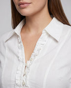 Women's Classic Blouse Shirt with Ruffle Details and Elegant V-Neck - Close-Up Detail