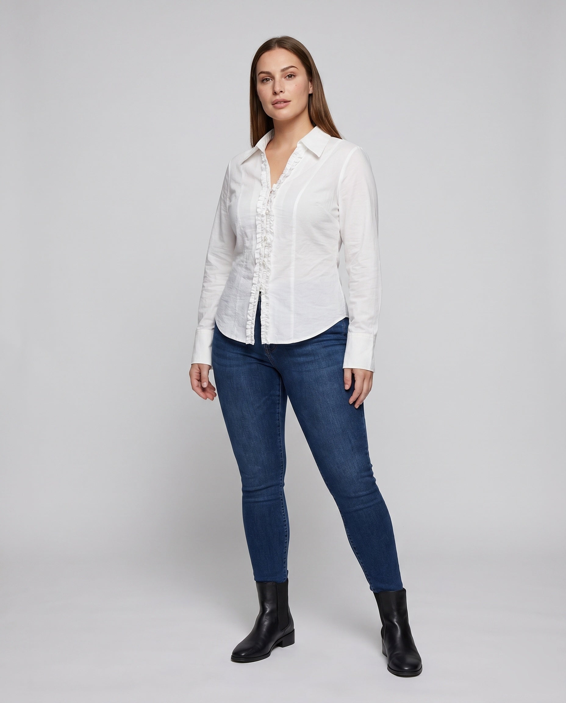 Women's Classic Blouse Shirt with Ruffle Details and Elegant V-Neck - Front View