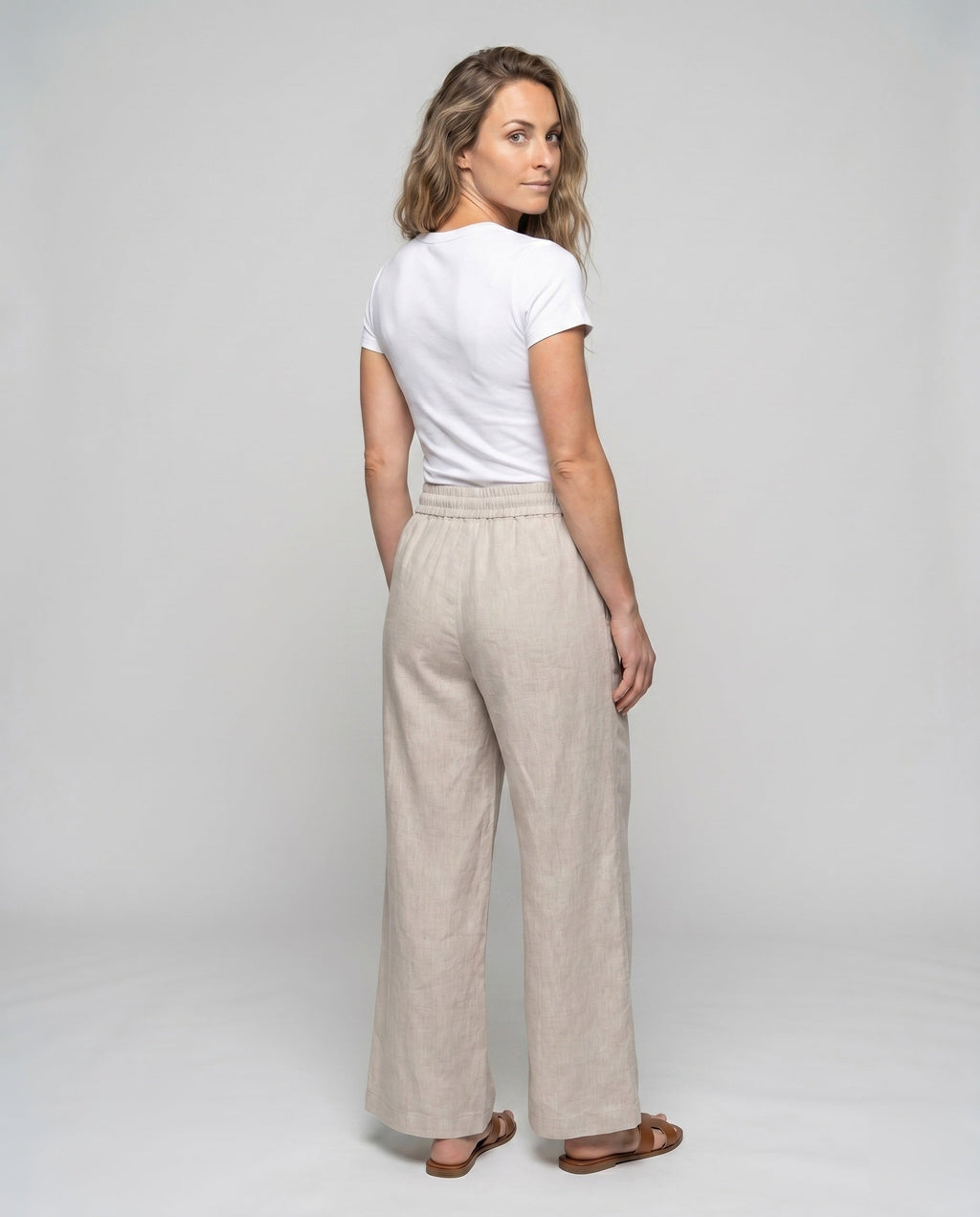 Women's Casual Linen Pants with Elastic Waistband and Drawstring - Back View