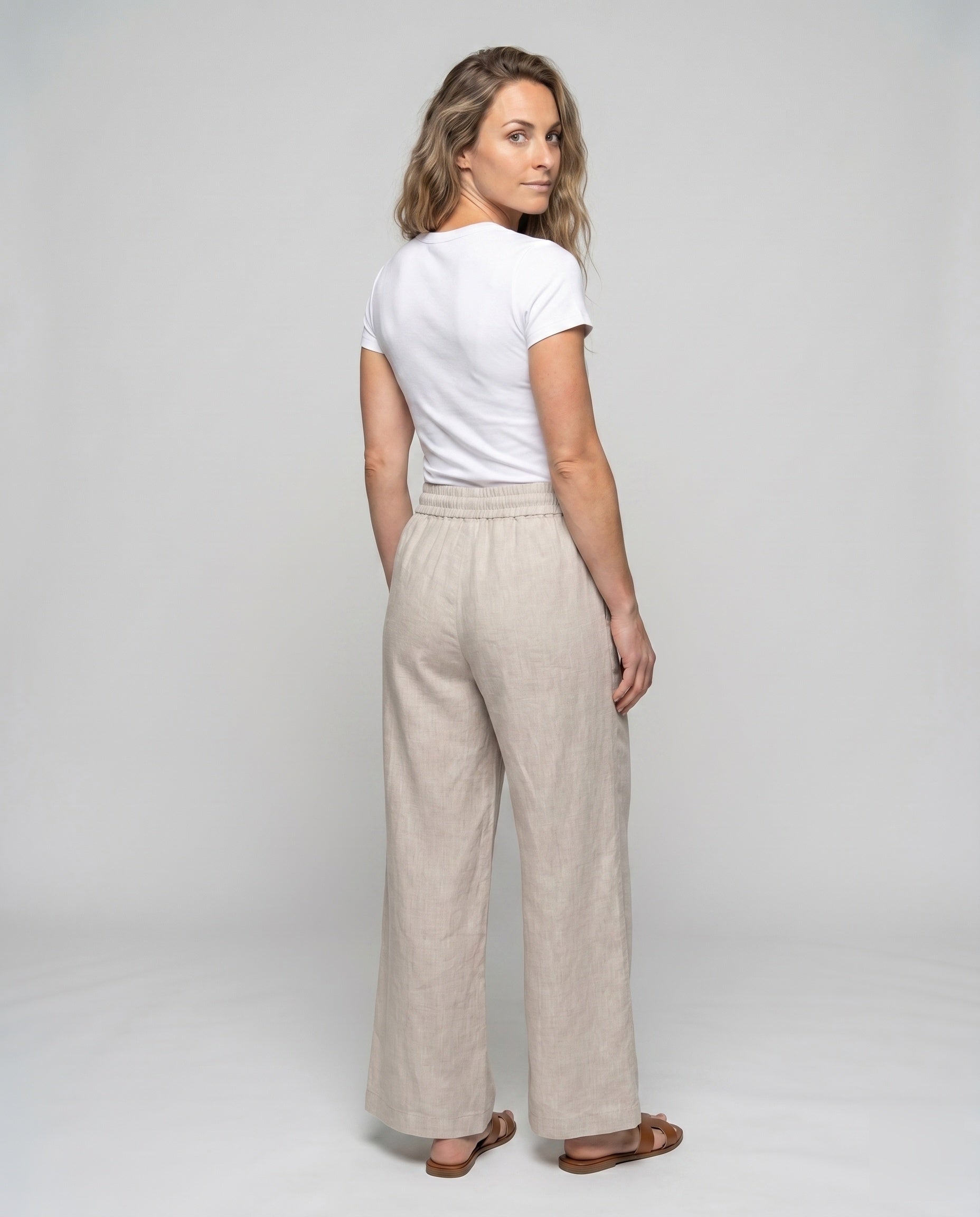 Women's Casual Linen Pants with Elastic Waistband and Drawstring - Back View