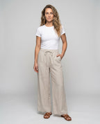 Women's Casual Linen Pants with Elastic Waistband and Drawstring - Front View